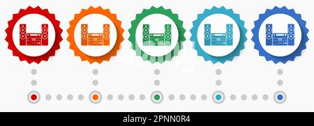 Music, stereo equipment vector icon set, colorful infographic template, set of flat design badge icons in 5 color options Stock Vector