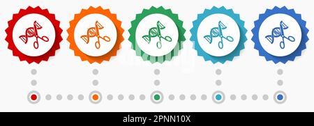 Dna, genetic modification vector icon set, colorful infographic template, set of flat design badge icons in 5 color options Stock Vector
