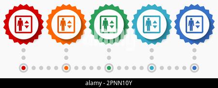 Elevator, lift vector icon set, colorful infographic template, set of flat design badge icons in 5 color options Stock Vector