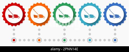 Lawn mower vector icon set, colorful infographic template, set of flat design badge icons in 5 color options Stock Vector