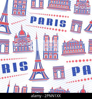Vector Paris Seamless Pattern, square repeat background with illustration of famous european paris city scape on white background for wrapping paper, Stock Vector