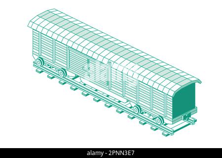 Isometric Freight Railroad Car Isolated on White Background. Vector Illustration. Freight Boxcar Wagon. Part of Cargo Train. Outline Transportation. Stock Vector