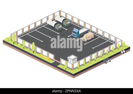 Isometric Parking for Trucks and Cars. Checkpoint with Barrier. Vector Illustration. Stock Vector