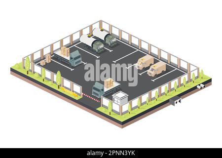 Isometric Parking for Trucks and Cars. Checkpoint with Barrier. Vector Illustration. Stock Vector