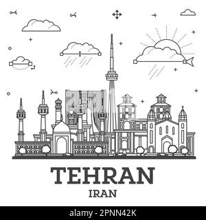 Outline Tehran Iran City Skyline with Modern and Historic Buildings Isolated on White. Vector Illustration. Teheran Persia Cityscape with Landmarks. Stock Vector