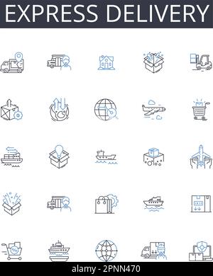 Express delivery line icons collection. Rapid shipment, Swift delivery, Brief dispatch, Quick transport, Fast courier, Immediate transit, Expedited Stock Vector