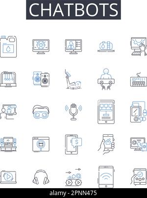 Chatbots line icons collection. Artificial intelligence, Virtual assistants, Robotic technology, Machine learning, Intelligent automation, Digital Stock Vector