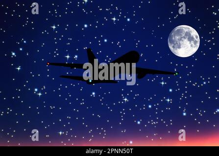 SILHOUETTE OF AIRBORNE BOEING 767 COMMERCIAL PASSENGER AIRCRAFT IN STARRY NIGHT SKY Stock Photo