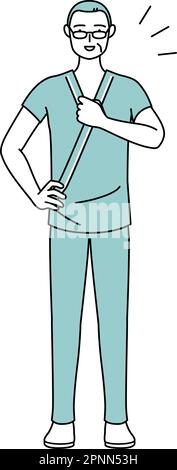 Middle-aged and senior male admitted patient in hospital gown tapping his chest, Vector Illustration Stock Vector