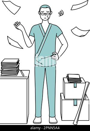 Middle-aged and senior male admitted patient in hospital gown who is fed up with his unorganized business, Vector Illustration Stock Vector