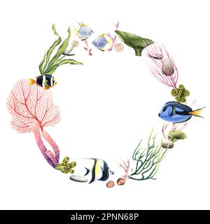 Wreath with sea corals, plants and tropical fish. Hand drawn watercolor illustration isolated on white Stock Photo
