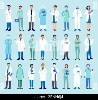 Set of physician and nurse with several gown uniform . Medical occupational person . Flat design . Vector Stock Vector