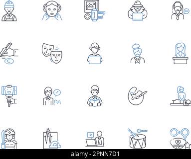 Expertise areas line icons collection. Marketing, Analytics, Accounting, Sales, Writing, Design, Photography vector and linear illustration. Legal Stock Vector
