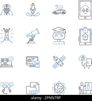 Computerized intelligence line icons collection. Machine learning, Neural nerks, Deep learning, Robotics, Data mining, Natural language processing Stock Vector