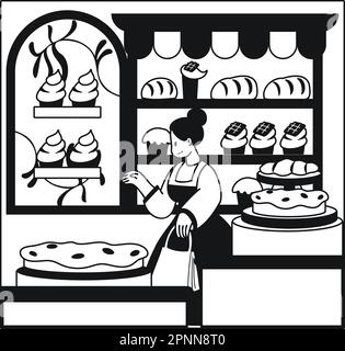 woman with bakery illustration in doodle style isolated on background Stock Vector