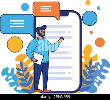 man with smartphone in social media concept illustration in doodle style isolated on background Stock Vector