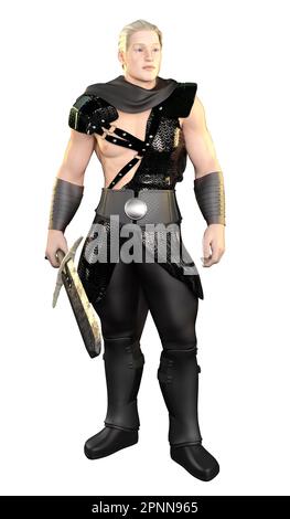 Warrior man in ancient armor with big sword, 3D Illustration. Stock Photo