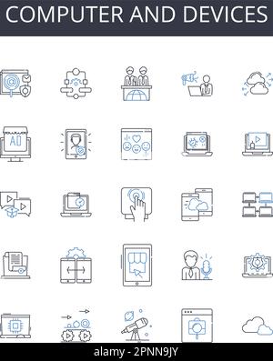 Computer and devices line icons collection. PC, laptop, tablet, smartph, smartwatch, desktop, server vector and linear illustration. gaming console Stock Vector