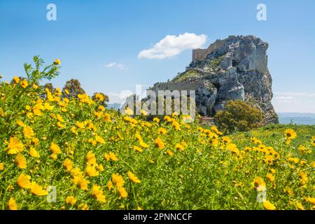 The castle of Mussomeli is a fortress built between the fourteenth and fifteenth centuries, in spring. Caltanissetta, Sicily, Italy. Stock Photo