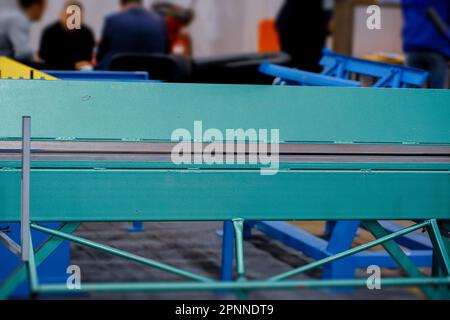 Manual roller bending machine. Metal sheet bending machine. Stock Photo