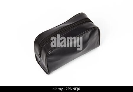 Black leather case isolated on white background. Zipped leather cosmetic bag Stock Photo