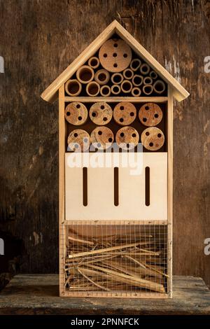 Insect hotel constructed from natural materials, displayed against a textured wooden backdrop Stock Photo