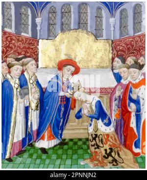 Coronation of Philippa of Hainault (1310 or 1315-1369), Queen of England (1328-1369) on the 18th February 1330, wife and political adviser of King Edward III, miniature illuminated manuscript painting by Jean Froissart, before 1499 Stock Photo