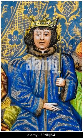 Boy King, Richard II of England (1367-1400), also known as Richard of Bordeaux, King of England (1377-1399) after his Coronation in 1377 aged ten. Miniature illuminated manuscript portrait painting by Master of the Vienna and Copenhagen Toison d’Or, 1470-1480 Stock Photo