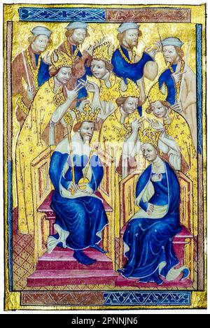 Coronation of Richard II of England (1367-1400), King of England (1377-1399) and his first wife Anne of Bohemia (1366-1394) as Queen Consort of England on the 22nd January 1382. Miniature illuminated manuscript painting, before 1399 Stock Photo