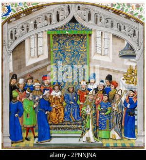 Richard II of England (1367-1400) also known as Richard of Bordeaux, King of England (1377-1399) with his court after his Coronation on the 16th July 1377, miniature illuminated manuscript painting by the Master of the Vienna and Copenhagen Toison d’Or, 1470-1480 Stock Photo