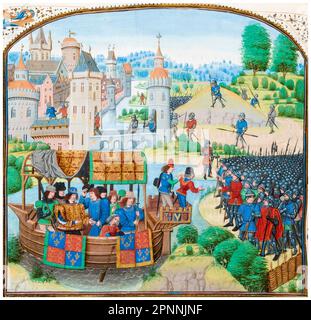 The Peasant’s Revolt: King Richard II of England (1367-1400) meets the rebels on 14th June 1381, miniature illuminated manuscript painting by Loiset Lyédet, 1401-1499 Stock Photo