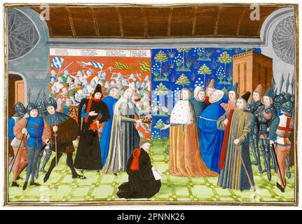 King Richard II of England (1367-1400) resigning his crown and abdicating the throne to Henry of Bolingbroke (later, Henry IV of England) on the 30th September 1399, miniature illuminated manuscript painting by Jean Froissart, 1470-1472 Stock Photo