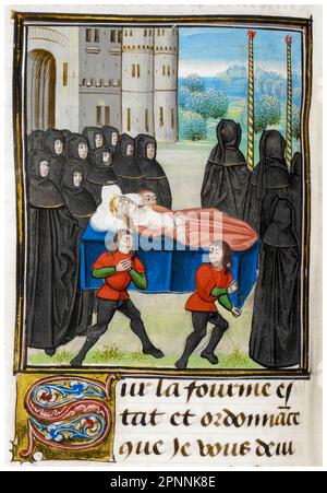 Funeral of Anne of Bohemia (1366-1394), also known as Anne of Luxembourg, Queen of England (1382-1394) as the first wife of King Richard II, miniature illuminated manuscript painting by Jean Froissart, circa 1480 Stock Photo
