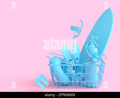 Colorful luggage with beach accessories and shopping basket on monochrome Stock Photo