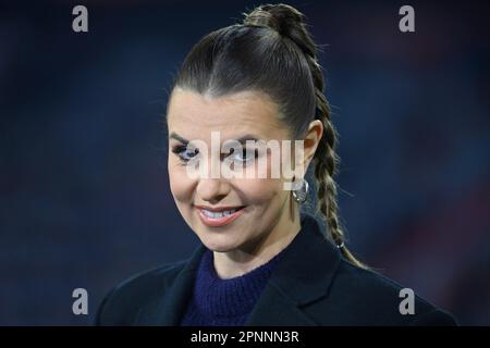 Munich, Deutschland. 19th Apr, 2023. Laura WONTORRA, DAZN presenter, single image, cut single motif, portrait, portrait, portrait. Press conference. Soccer Champions League/quarter-finals FC Bayern Munich-Manchester City (ManCity) 1-1 on April 19, 2023, ALLIANZAREN A. ? Credit: dpa/Alamy Live News Stock Photo