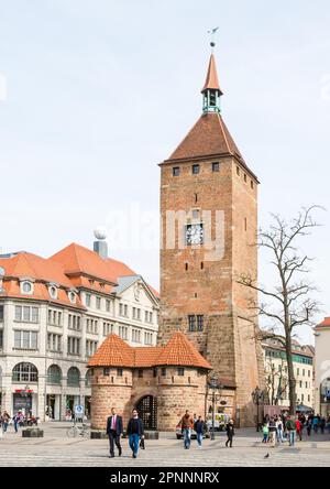 NUERNBERG, GERMANY - APRIL 9: Tourist at the Weisser Turm tower in Nuernberg, Germany on April 9, 2015. Nuremberg is the second biggest city of Stock Photo