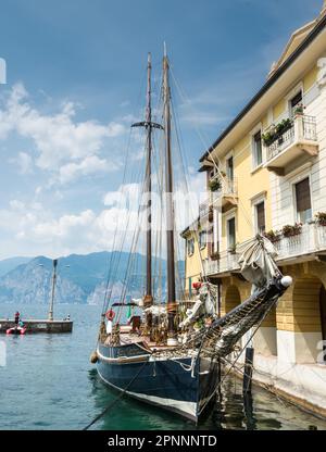 MALCESINE, ITALY - JUNE 1: Historic ship Siora Veronica at Malcesine, Italy on June 1, 2015. The sailing ship was built 1926. Foto taken from piazza Stock Photo