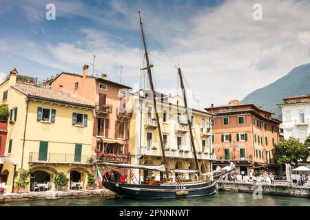 MALCESINE, ITALY - JUNE 1: Historic ship Siora Veronica at Malcesine, Italy on June 1, 2015. The sailing ship was built 1926. Foto taken from piazza Stock Photo