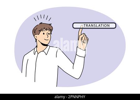 Translation online technologies button concept. Young man worker choosing translation in search bar on virtual screen language transcription internet networking vector illustration Stock Vector