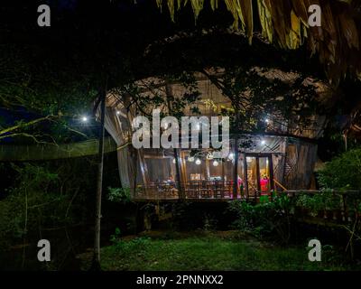 Glamping accommodation in the Amazon rainforest. Wooden treehouse , Amazon Rainforest, Amazonia, Pacaya Samiria National Reserve, Peru, South America. Stock Photo