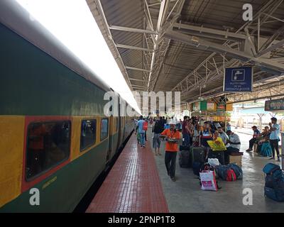 indian railways train station,indian train,thrissur railway station,rail,travel,railway transport in india,india,indian railway station,crowd,commute Stock Photo