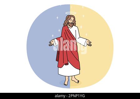 Bible and Jesus Christ concept. Kind smiling Jesus in red clothing standing and showing his big caring hands vector illustration Stock Vector