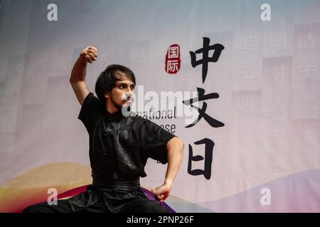 Rio De Janeiro, Brazil. 19th Apr, 2023. A man performs martial arts during an event celebrating the upcoming UN Chinese Language Day in Rio de Janeiro, Brazil, on April 19, 2023. The UN Chinese Language Day is observed every year on or around April 20, when the contribution of Chinese literature, poetry, and language to world culture is highlighted. Credit: Wang Tiancong/Xinhua/Alamy Live News Stock Photo