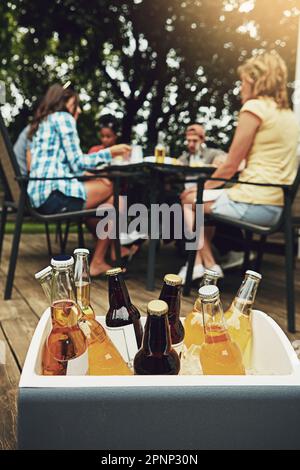 Chilled drinks for a chilled barbecue. a group of friends having a barbecue in the yard. Stock Photo