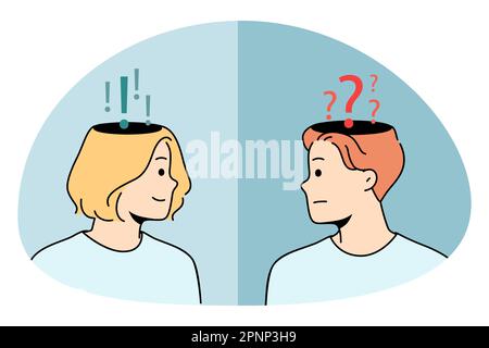 Doubt asking and declaiming concept. Frustrated man asking with question mask on head looking at confident woman having answer feeling sure vector illustration Stock Vector