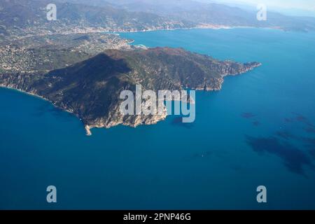 The Natural Park of Portofino, Liguria, Italy. aerial view from airplane before landing in Genoa Stock Photo