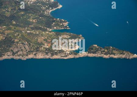 The Natural Park of Portofino, Liguria, Italy. aerial view from airplane before landing in Genoa Stock Photo