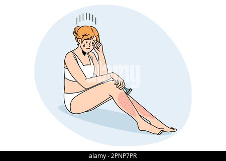 Skin problems after shaving concept. Young crying female sitting with red sore legs having problems with shaving vector illustration Stock Vector