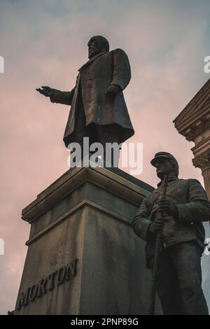 A vertical shot of the Statue of Oliver Morton in Indianapolis, Indiana, United States Stock Photo