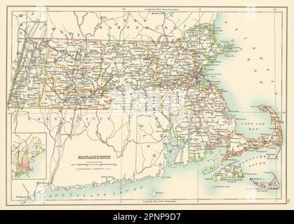 Massachusetts state map showing counties. BARTHOLOMEW 1898 old antique Stock Photo